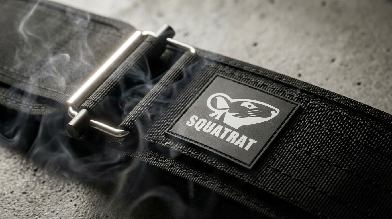 SQUATRAT Canvas Gürtel Schnalle und Logo-Patch Nahaufnahme